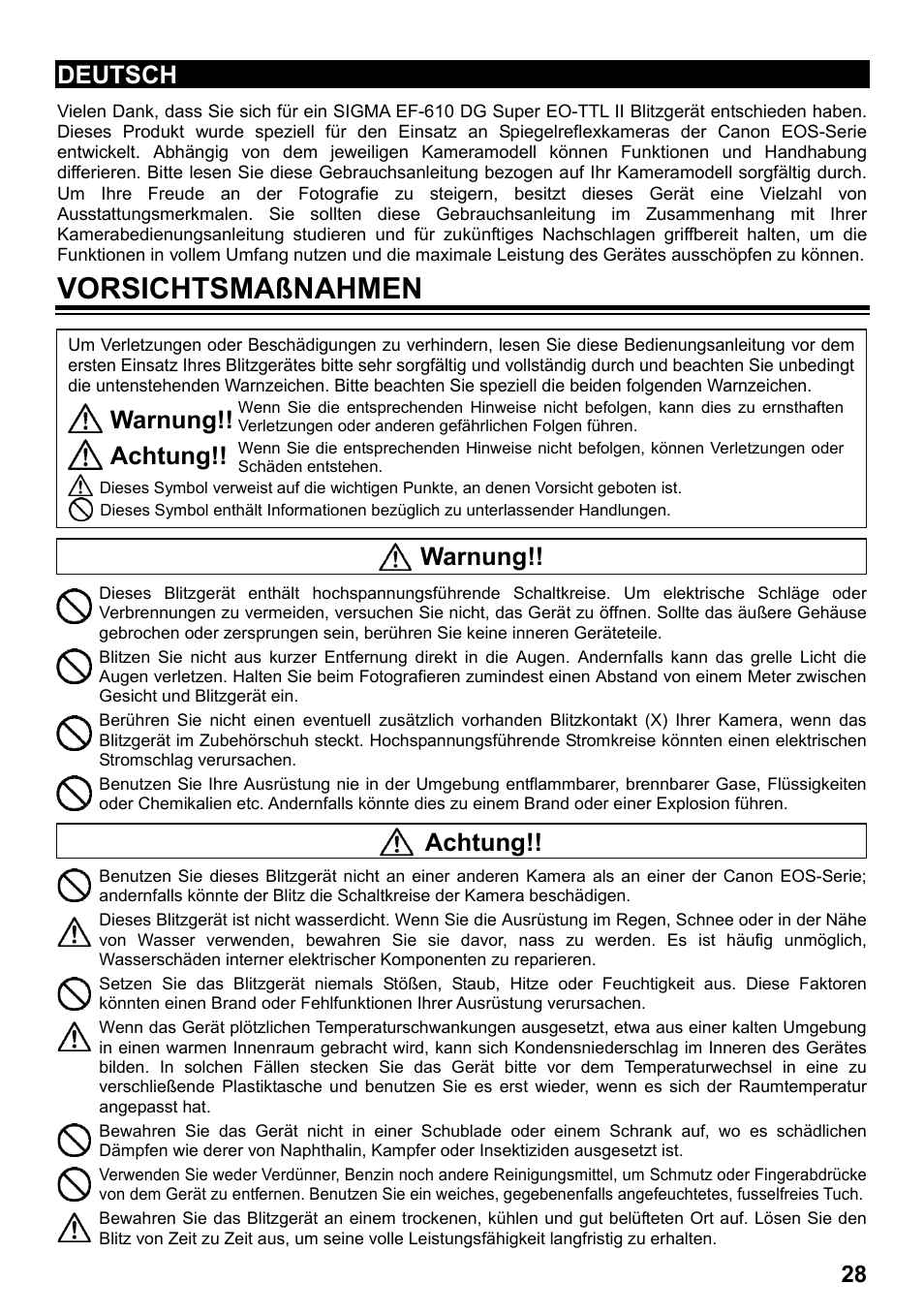 Vorsichtsmaßnahmen, Deutsch, Warnung | Achtung | SIGMA ELECTRONIC FLASH EF-610 DG SUPER EO-ETTL II (キヤノン用) User Manual | Page 29 / 160