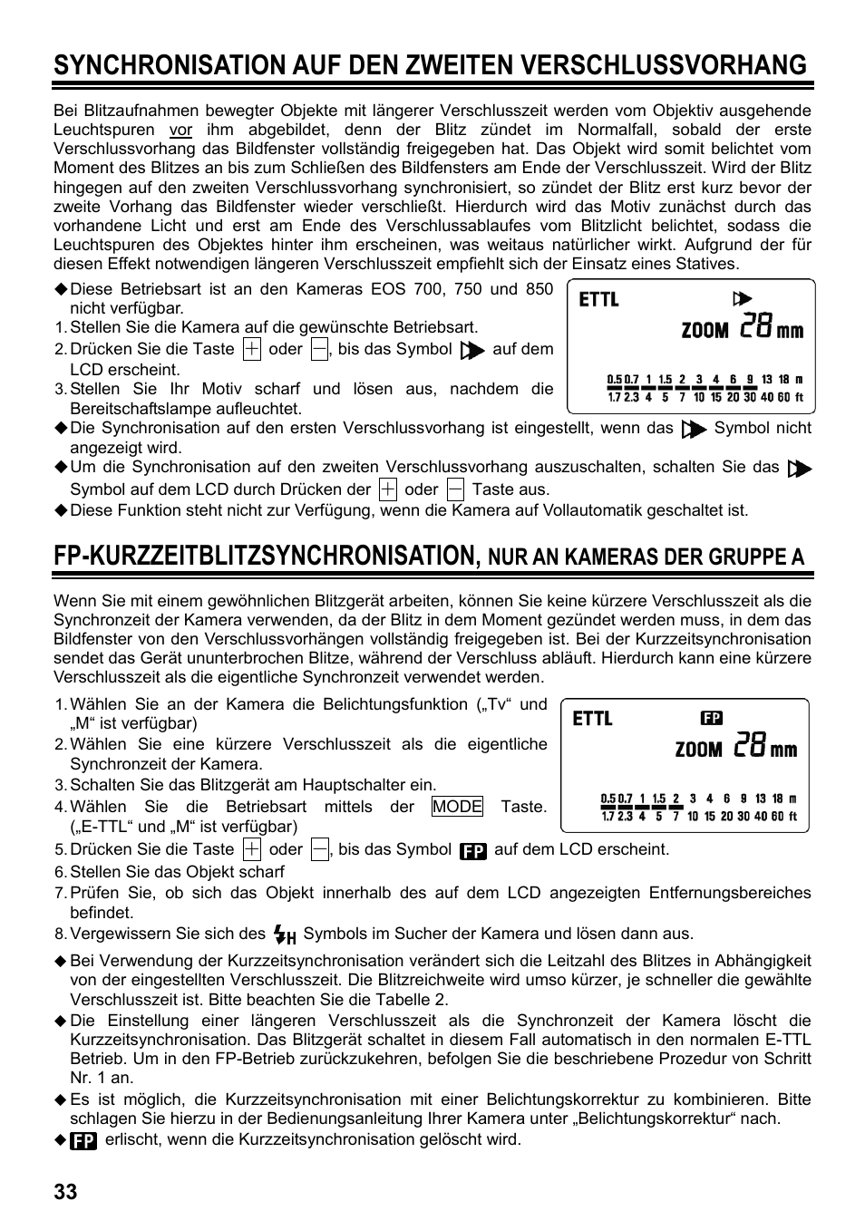Synchronisation auf den zweiten verschlussvorhang, Fp-kurzzeitblitzsynchronisation, Nur an kameras der gruppe a | SIGMA ELECTRONIC FLASH EF-610 DG SUPER EO-ETTL II (キヤノン用) User Manual | Page 34 / 160