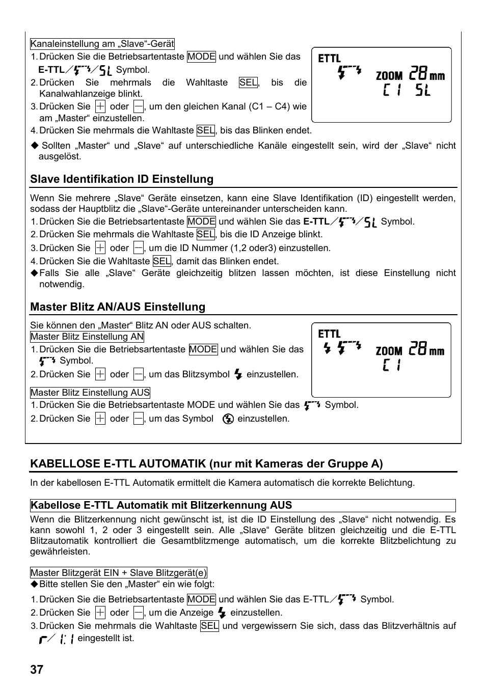Slave identifikation id einstellung, Master blitz an/aus einstellung | SIGMA ELECTRONIC FLASH EF-610 DG SUPER EO-ETTL II (キヤノン用) User Manual | Page 38 / 160