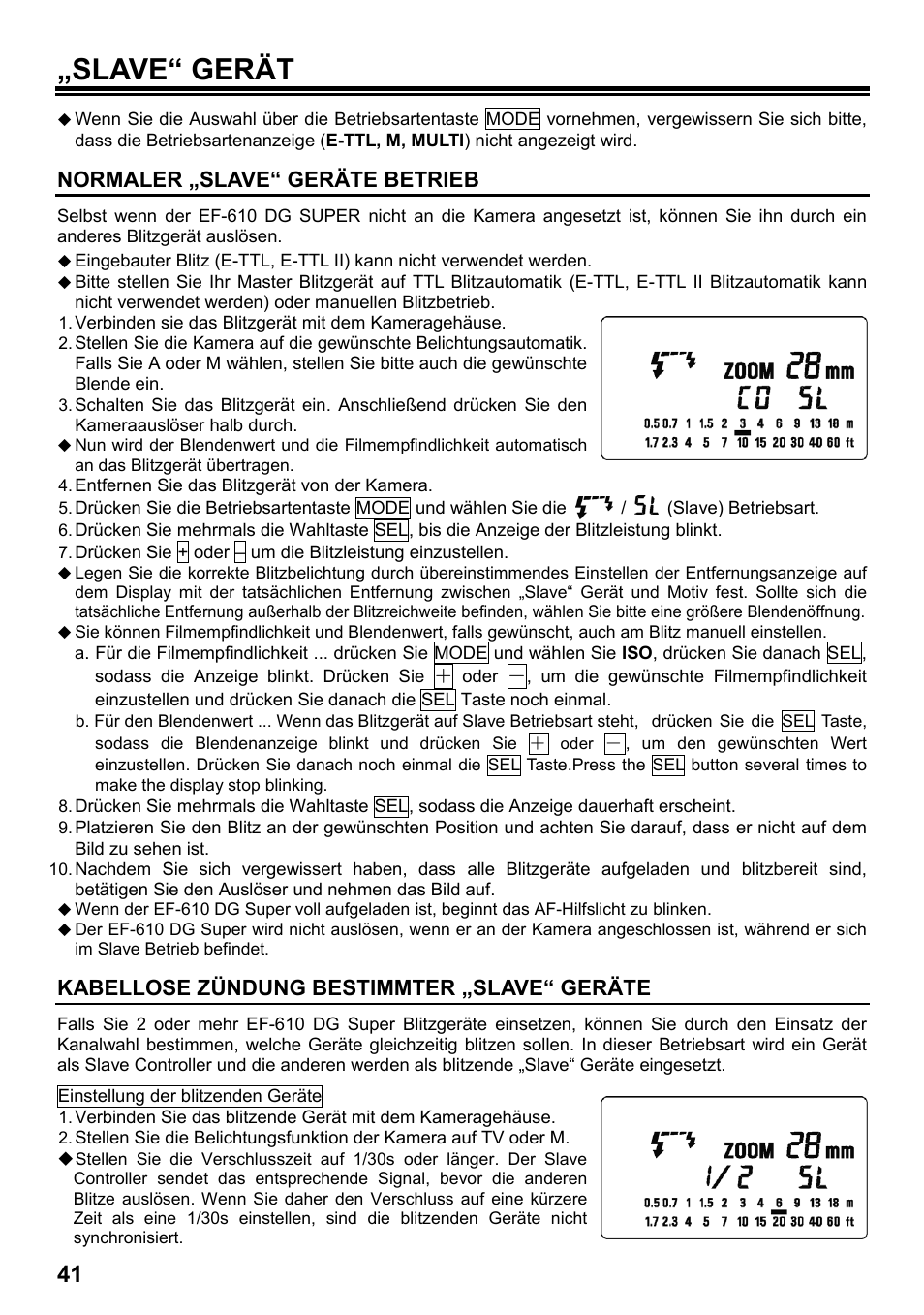 Slave“ gerät, Normaler „slave“ geräte betrieb, Kabellose zündung bestimmter „slave“ geräte | SIGMA ELECTRONIC FLASH EF-610 DG SUPER EO-ETTL II (キヤノン用) User Manual | Page 42 / 160