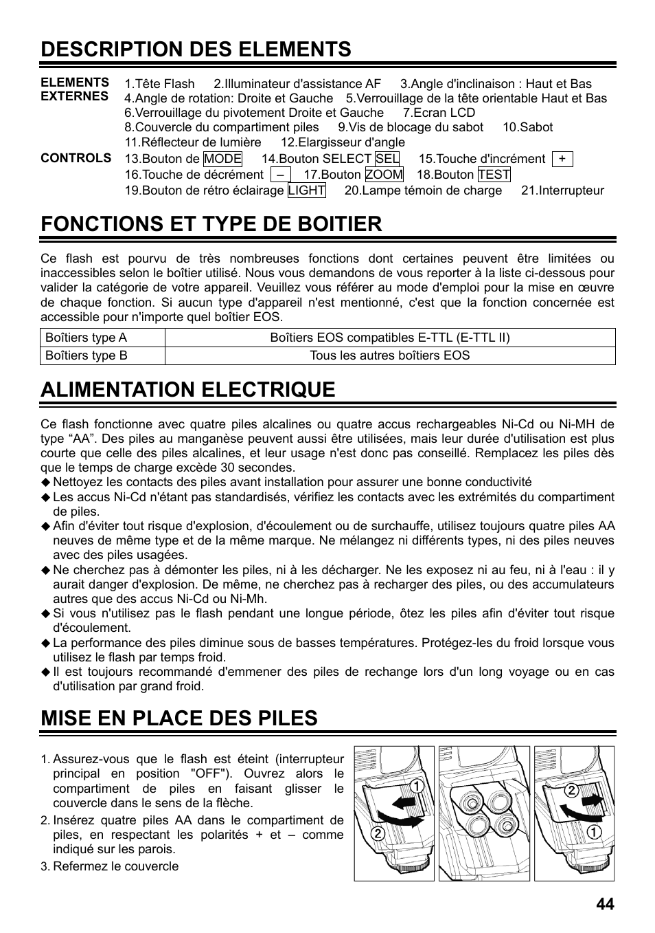 Description des elements, Fonctions et type de boitier, Alimentation electrique | Mise en place des piles | SIGMA ELECTRONIC FLASH EF-610 DG SUPER EO-ETTL II (キヤノン用) User Manual | Page 45 / 160