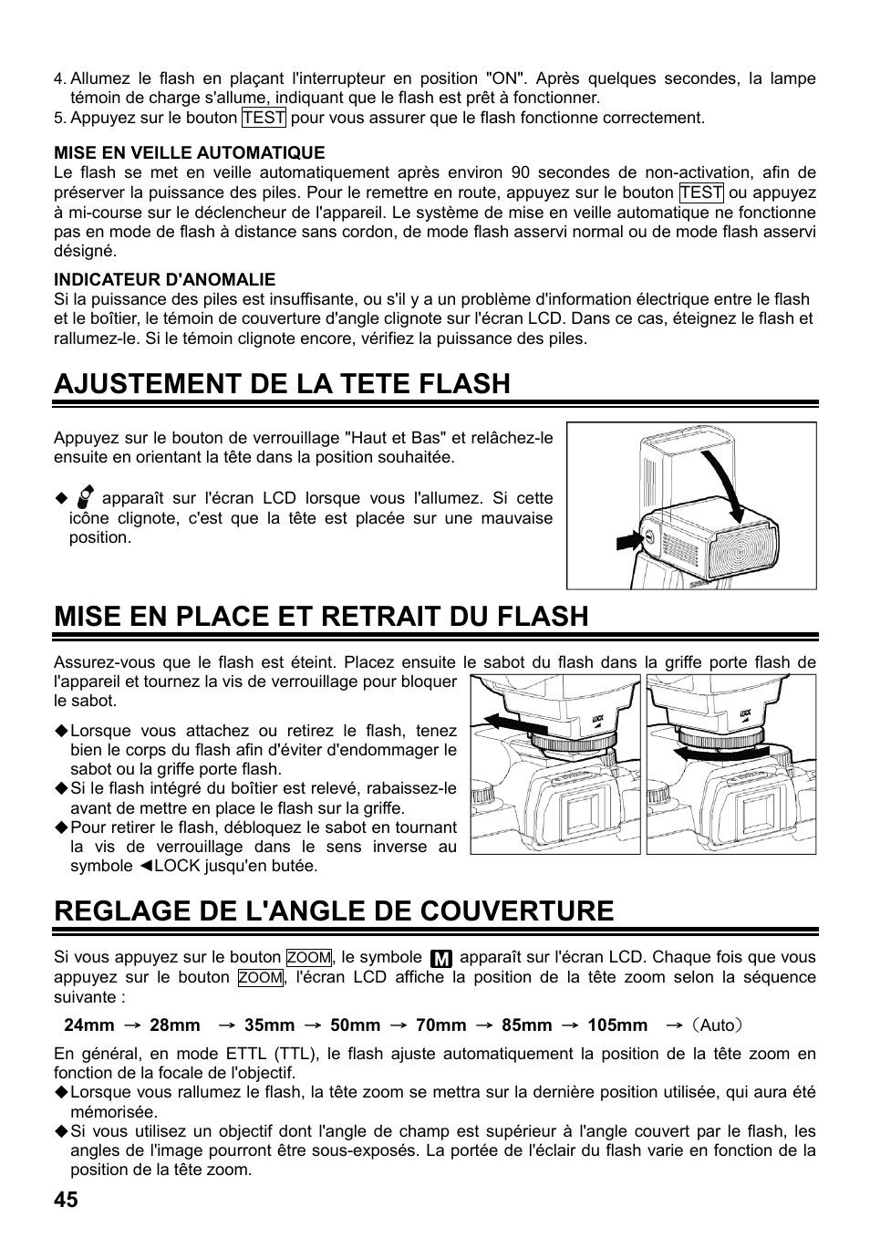 Ajustement de la tete flash, Mise en place et retrait du flash, Reglage de l'angle de couverture | SIGMA ELECTRONIC FLASH EF-610 DG SUPER EO-ETTL II (キヤノン用) User Manual | Page 46 / 160