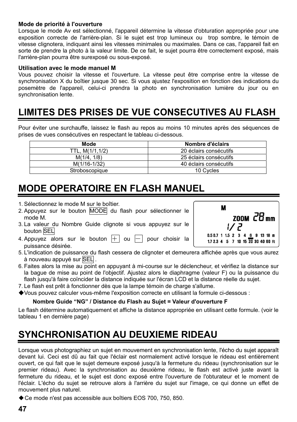 Limites des prises de vue consecutives au flash, Mode operatoire en flash manuel, Synchronisation au deuxieme rideau | SIGMA ELECTRONIC FLASH EF-610 DG SUPER EO-ETTL II (キヤノン用) User Manual | Page 48 / 160
