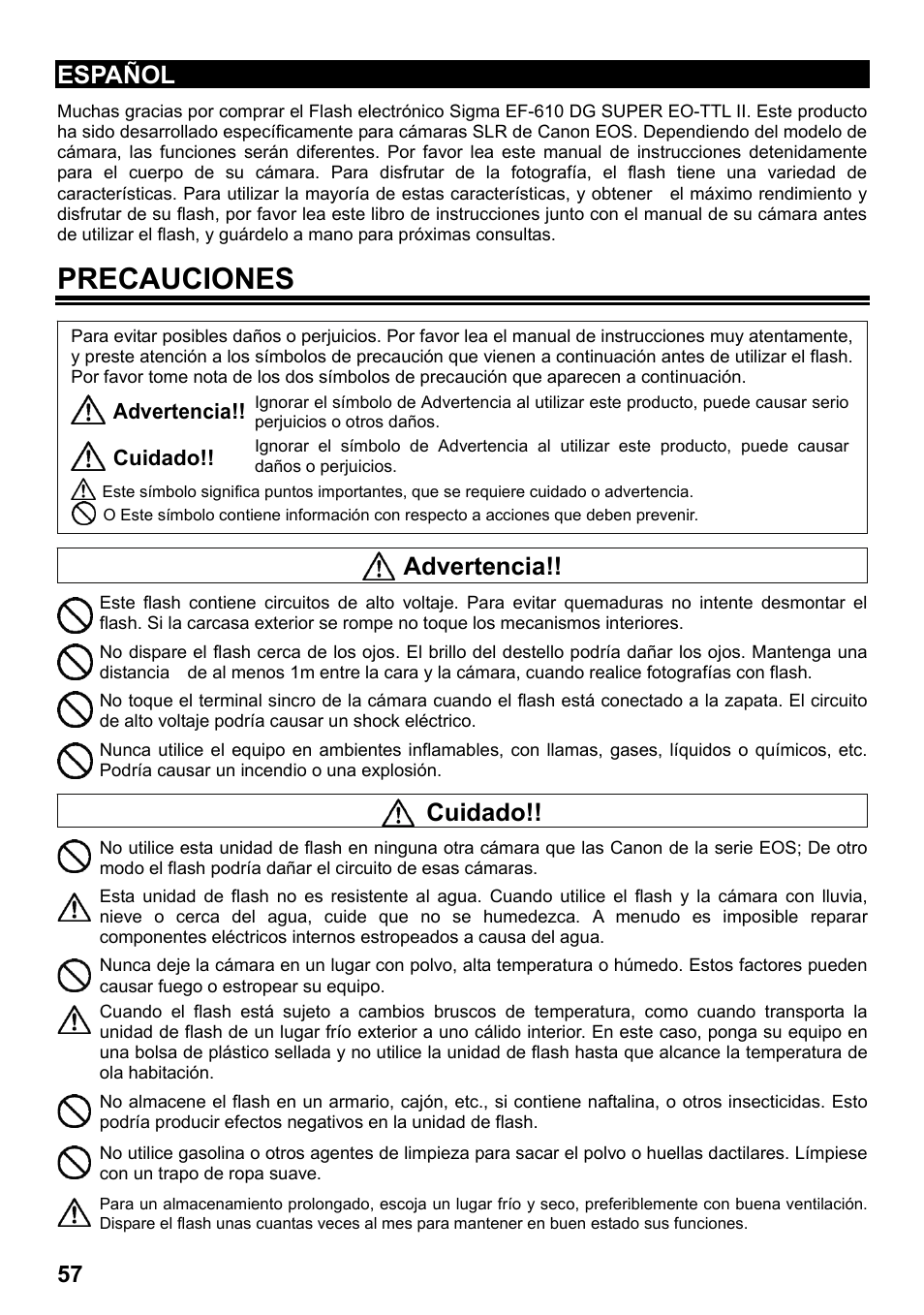 Precauciones, Español, Advertencia | Cuidado | SIGMA ELECTRONIC FLASH EF-610 DG SUPER EO-ETTL II (キヤノン用) User Manual | Page 58 / 160