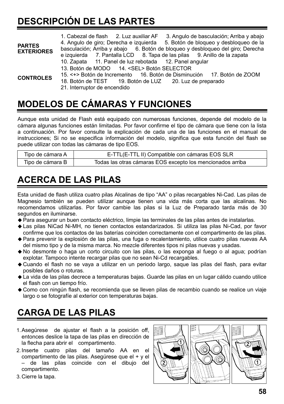 Descripción de las partes, Modelos de cámaras y funciones, Acerca de las pilas | Carga de las pilas | SIGMA ELECTRONIC FLASH EF-610 DG SUPER EO-ETTL II (キヤノン用) User Manual | Page 59 / 160