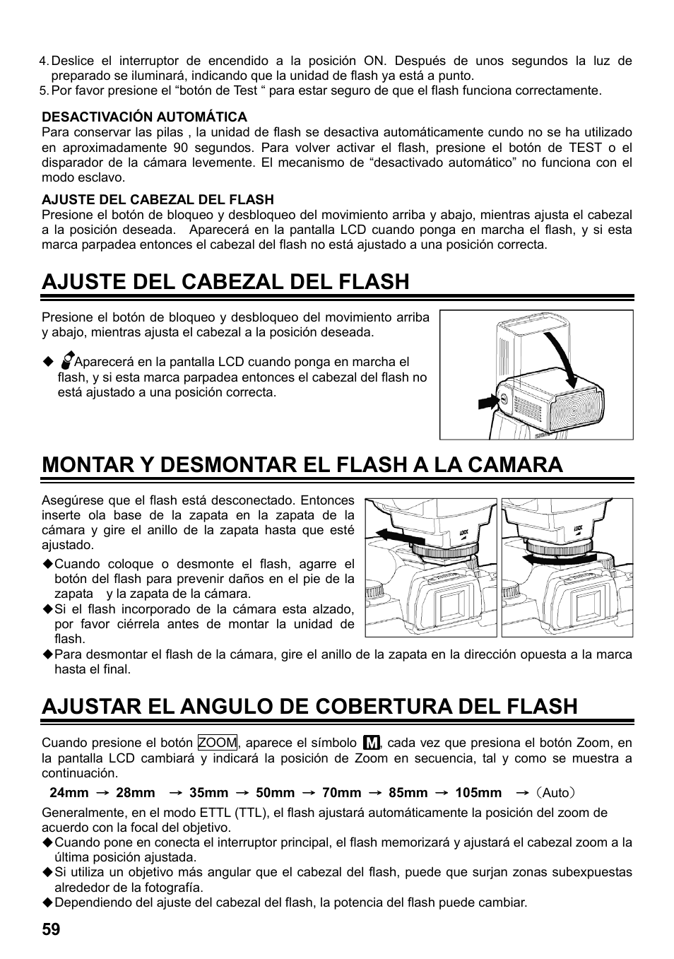 Ajuste del cabezal del flash, Montar y desmontar el flash a la camara, Ajustar el angulo de cobertura del flash | SIGMA ELECTRONIC FLASH EF-610 DG SUPER EO-ETTL II (キヤノン用) User Manual | Page 60 / 160