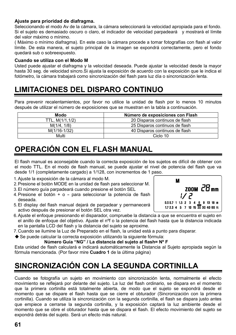 Limitaciones del disparo continuo, Operación con el flash manual, Sincronización con la segunda cortinilla | SIGMA ELECTRONIC FLASH EF-610 DG SUPER EO-ETTL II (キヤノン用) User Manual | Page 62 / 160
