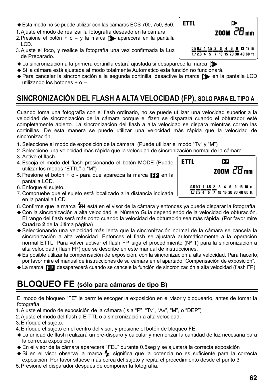 Bloqueo fe, Sincronización del flash a alta velocidad (fp), Solo para el tipo a | Sólo para cámaras de tipo b) | SIGMA ELECTRONIC FLASH EF-610 DG SUPER EO-ETTL II (キヤノン用) User Manual | Page 63 / 160