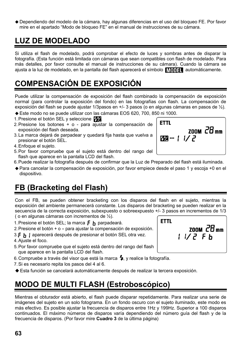 Luz de modelado, Compensación de exposición, Fb (bracketing del flash) | Modo de multi flash (estroboscópico) | SIGMA ELECTRONIC FLASH EF-610 DG SUPER EO-ETTL II (キヤノン用) User Manual | Page 64 / 160