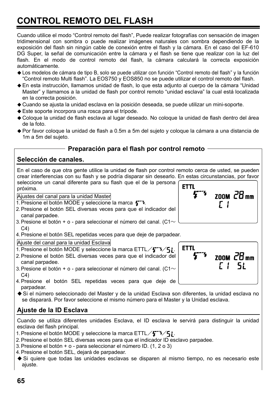 Control remoto del flash, Selección de canales, Ajuste de la id esclava | Preparación para el flash por control remoto | SIGMA ELECTRONIC FLASH EF-610 DG SUPER EO-ETTL II (キヤノン用) User Manual | Page 66 / 160