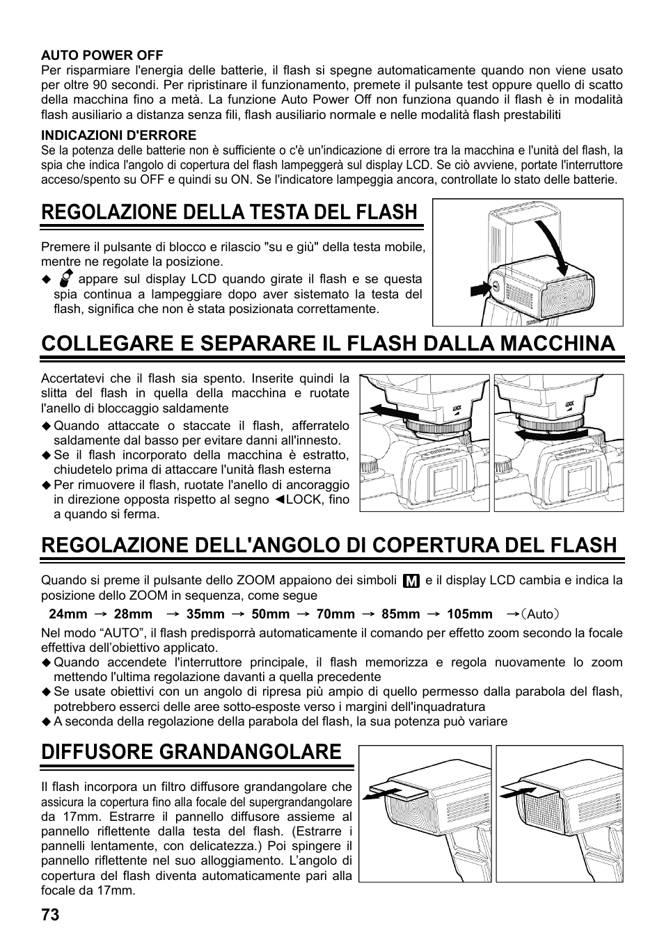 Regolazione della testa del flash, Collegare e separare il flash dalla macchina, Regolazione dell'angolo di copertura del flash | Diffusore grandangolare | SIGMA ELECTRONIC FLASH EF-610 DG SUPER EO-ETTL II (キヤノン用) User Manual | Page 74 / 160