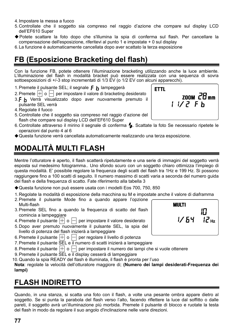 Fb (esposizione bracketing del flash), Modalità multi flash, Flash indiretto | SIGMA ELECTRONIC FLASH EF-610 DG SUPER EO-ETTL II (キヤノン用) User Manual | Page 78 / 160