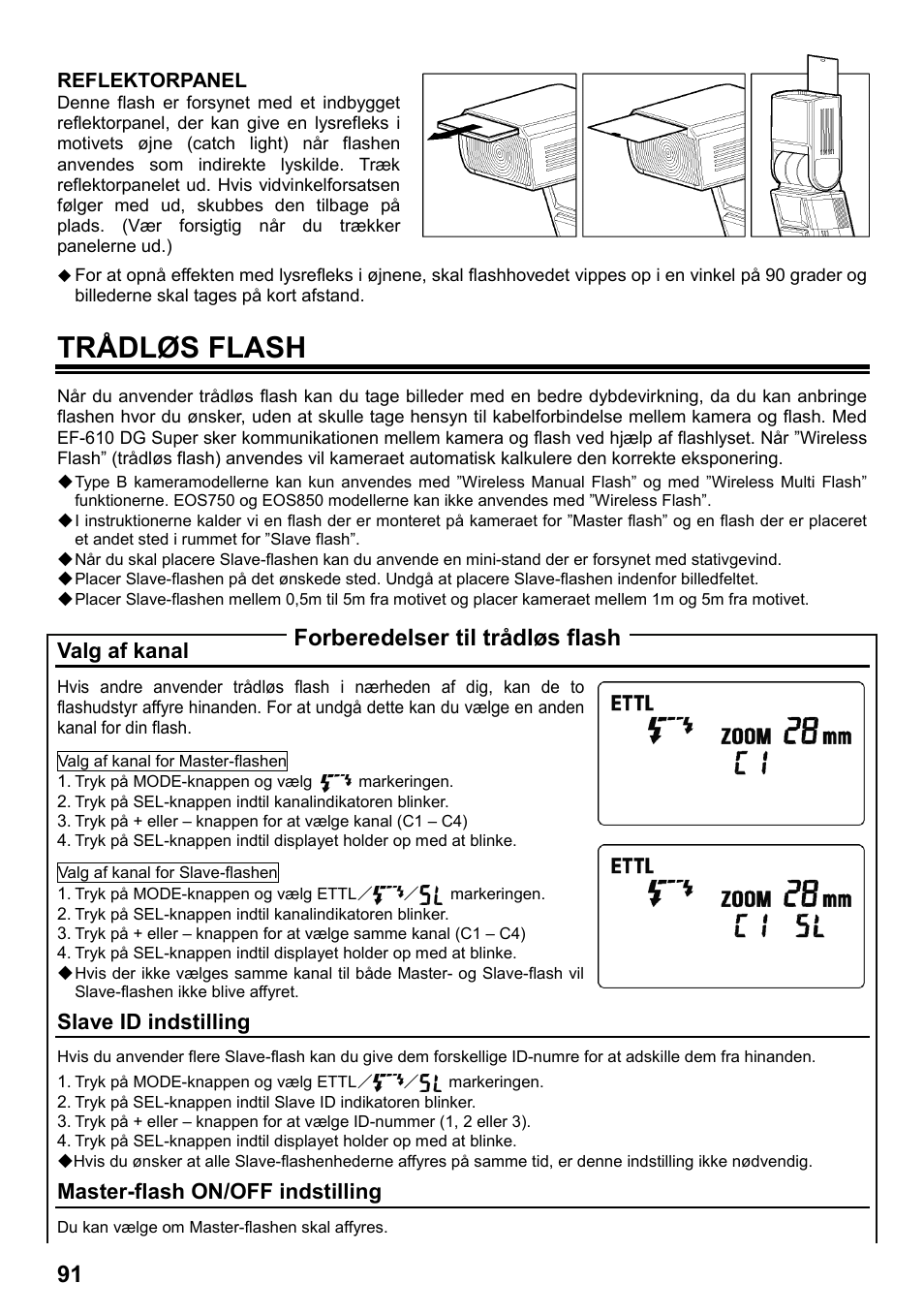 Trådløs flash, Forberedelser til trådløs flash, Valg af kanal | Slave id indstilling, Master-flash on/off indstilling | SIGMA ELECTRONIC FLASH EF-610 DG SUPER EO-ETTL II (キヤノン用) User Manual | Page 92 / 160