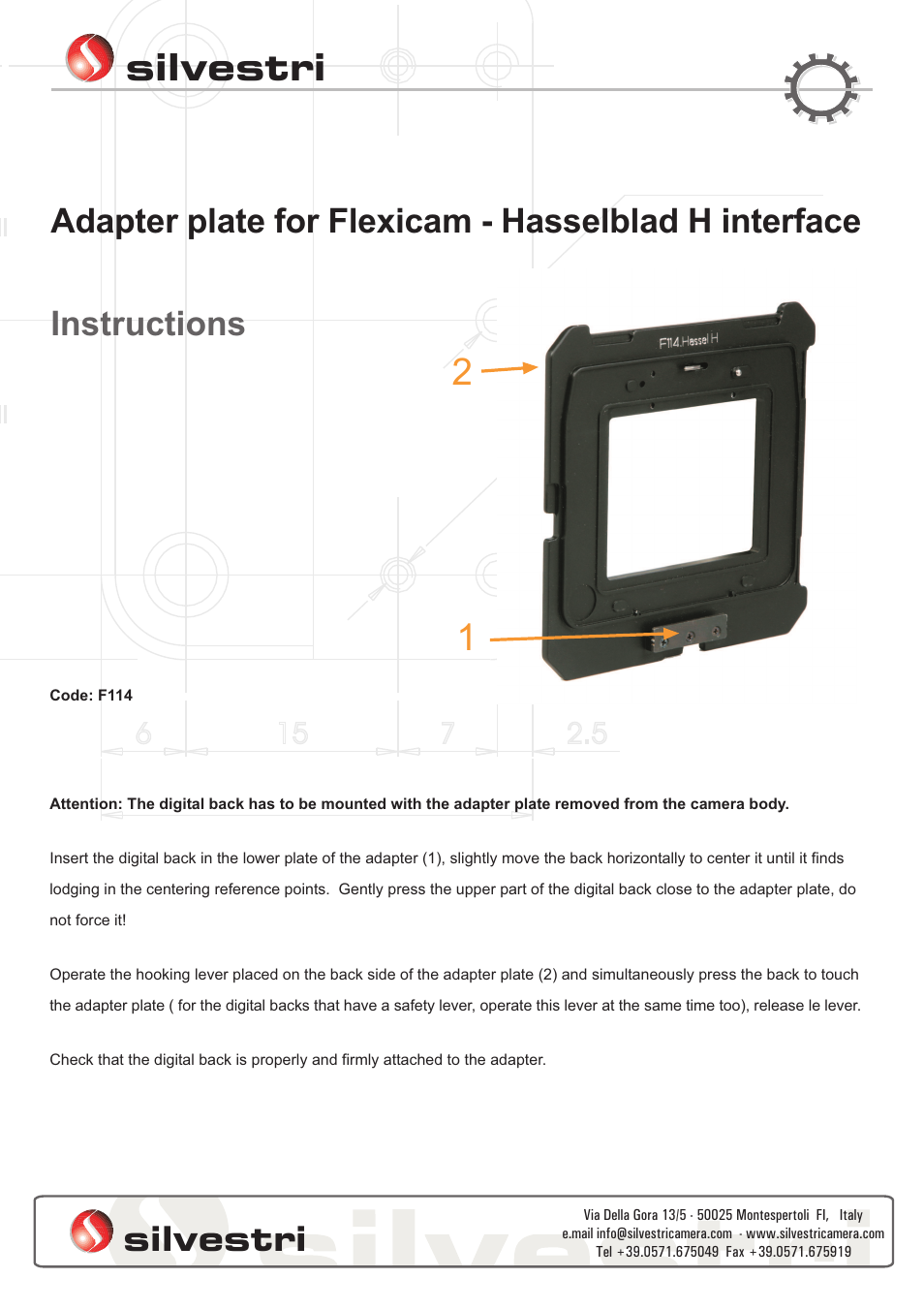 Silvestri F114 Adapter plate for Hassel H on Flexicam User Manual | 1 page