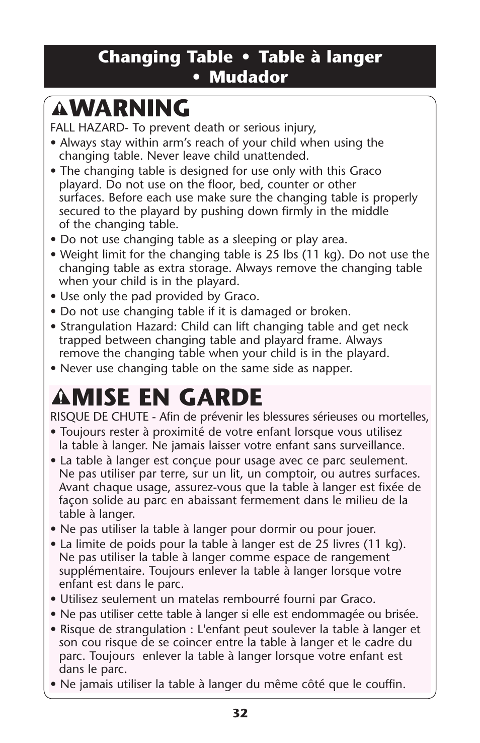 Mise en garde, Warning, Changing table • table à langer • mudador | Graco Playard none User Manual | Page 32 / 56