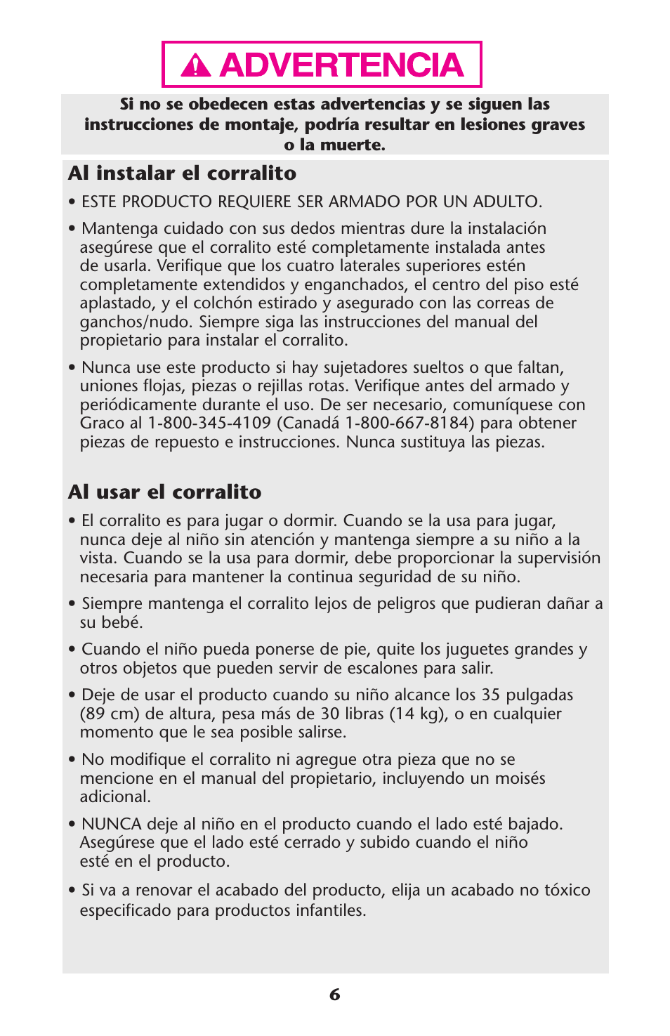 Al instalar el corralito, Al usar el corralito | Graco Playard none User Manual | Page 6 / 56