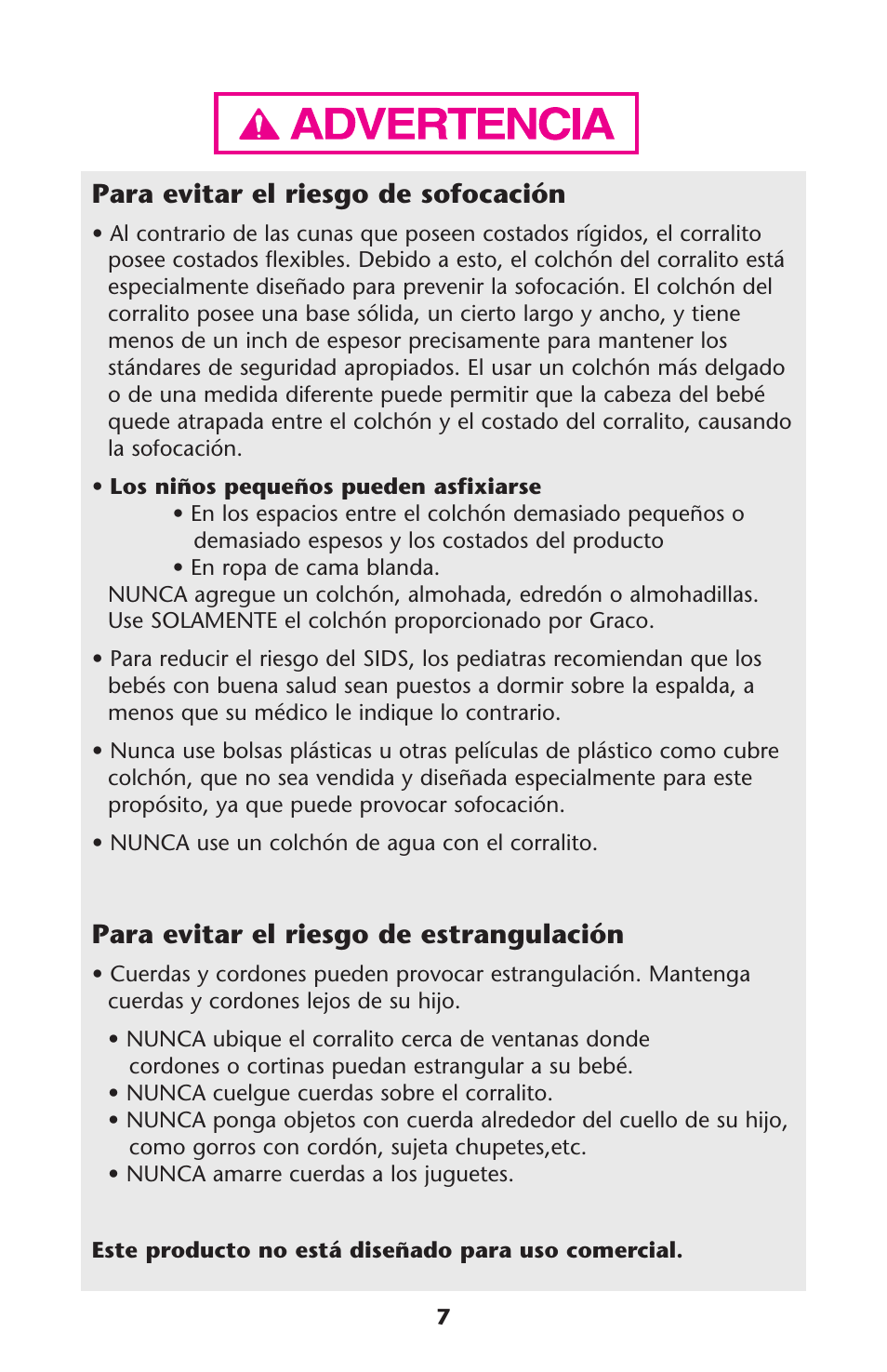 Para evitar el riesgo de sofocación, Para evitar el riesgo de estrangulación | Graco Playard none User Manual | Page 7 / 56