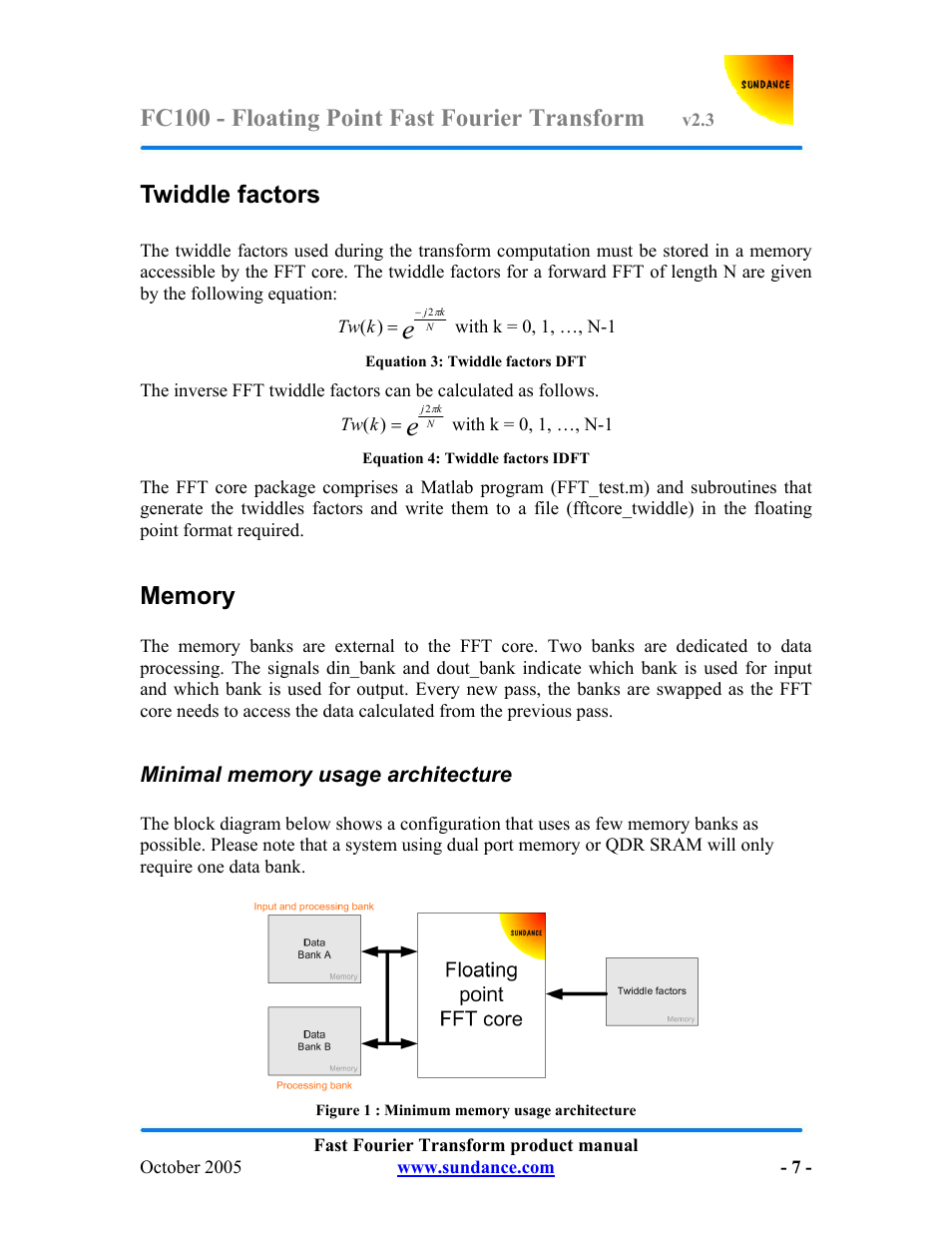 Fc100 - floating point fast fourier transform, Twiddle factors | Sundance FC100 v.2.3 User Manual | Page 7 / 19