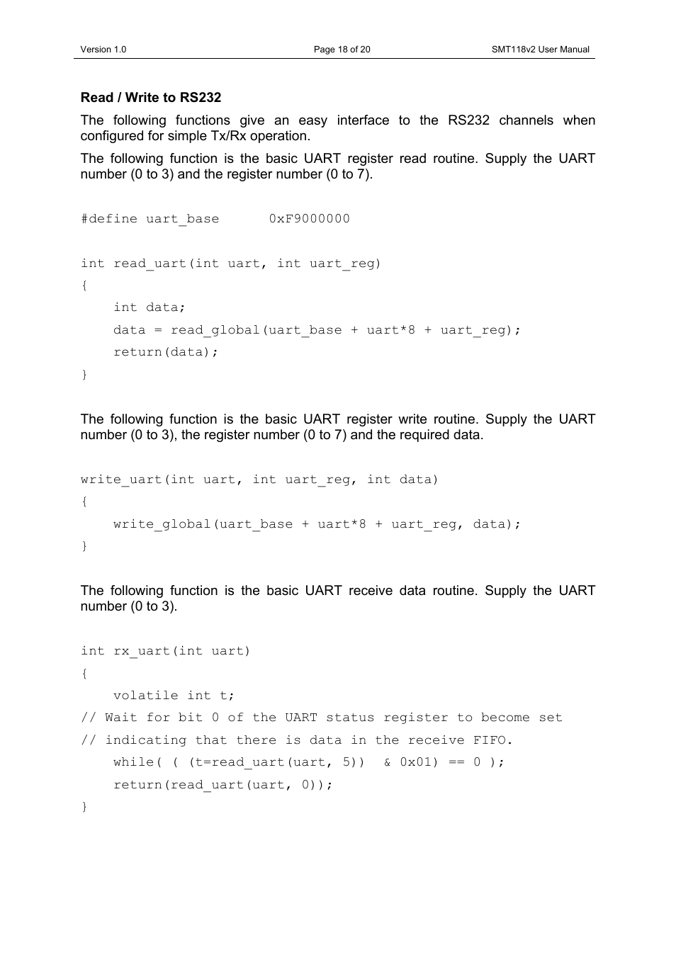 Read / write to rs232 | Sundance SMT118 User Manual | Page 18 / 20