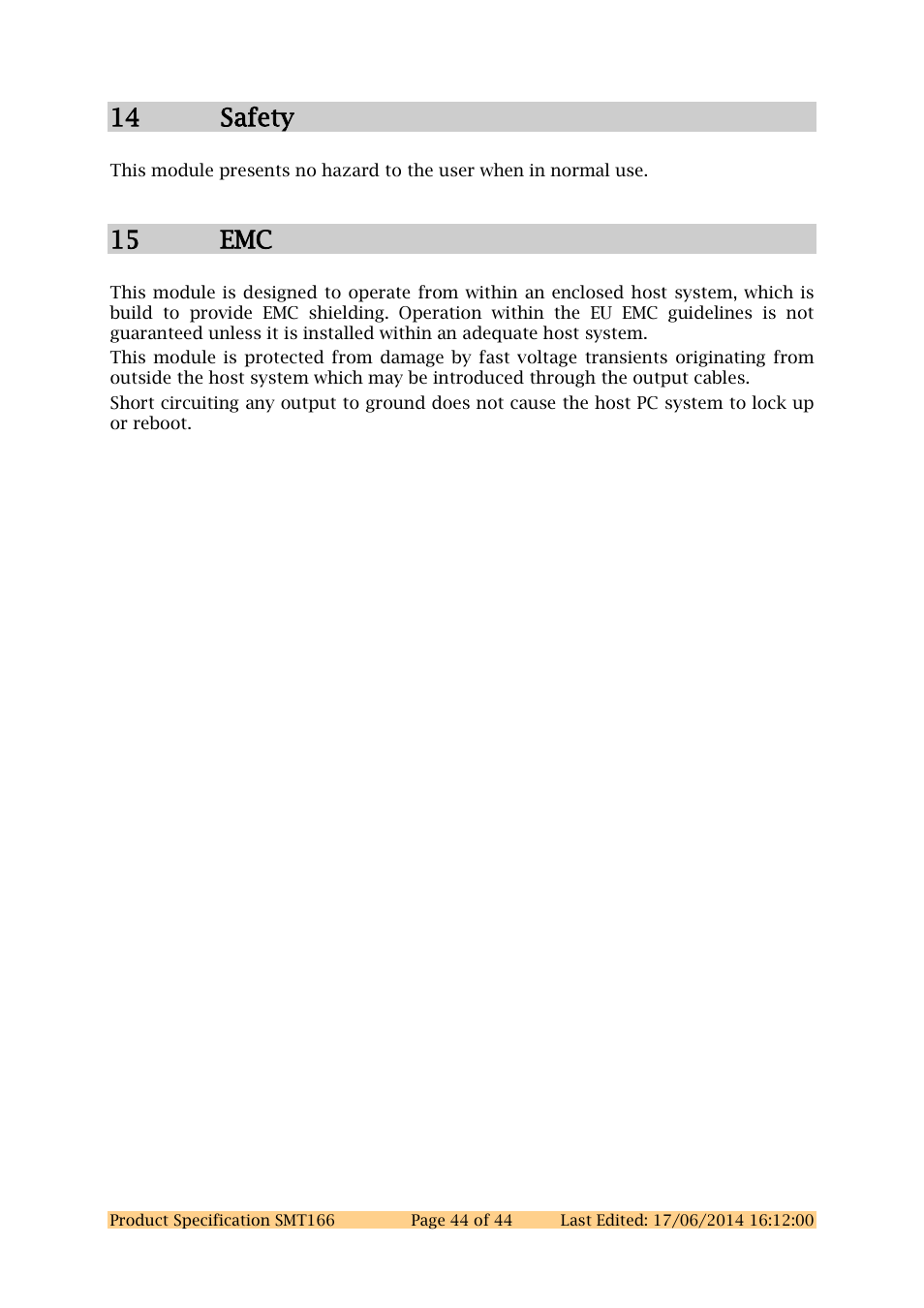 14 safety, 15 emc | Sundance SMT166 User Manual | Page 44 / 44