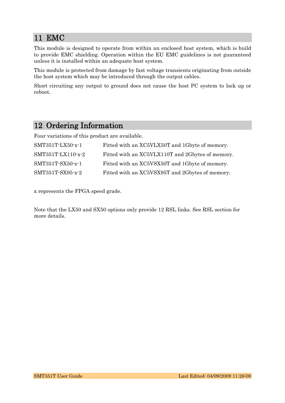 11 emc, 12 ordering information | Sundance SMT351T User Manual | Page 37 / 37