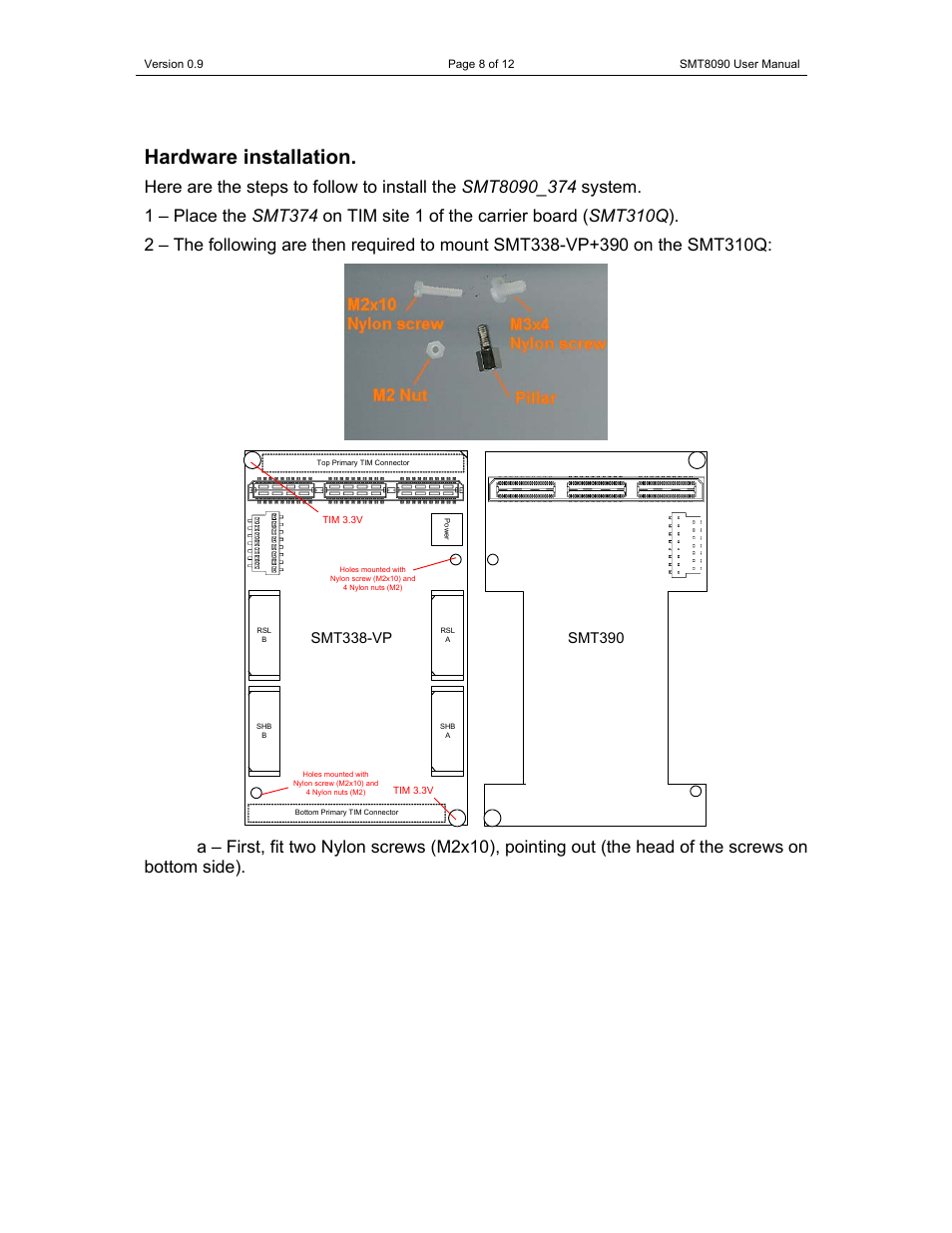 Hardware installation, Smt390, Smt338-vp | Sundance SMT8090-374 User Manual | Page 8 / 12