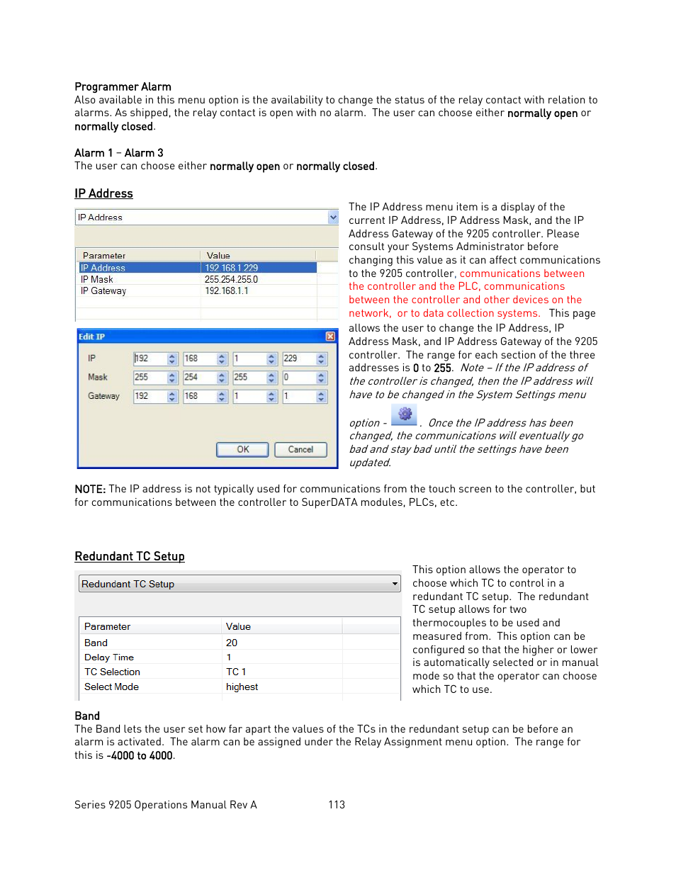 Ip address, Redundant tc setup, Ddress | Edundant, Etup | Super Systems 9205 Series User Manual | Page 114 / 235