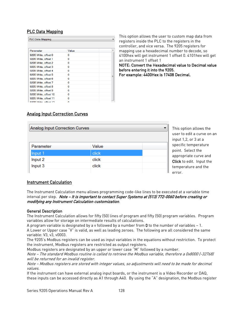 Plc data mapping, Analog input correction curves, Instrument calculation | Apping, Nalog, Nput, Orrection, Urves, Nstrument, Alculation | Super Systems 9205 Series User Manual | Page 129 / 235