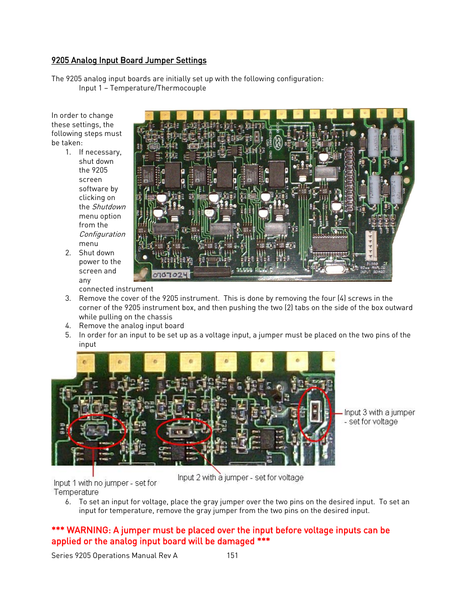 9205 analog input board jumper settings, Nalog, Nput | Oard, Umper, Ettings | Super Systems 9205 Series User Manual | Page 152 / 235