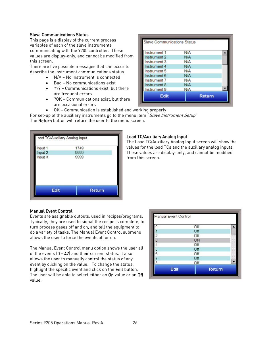 Slave communications status, Load tc/auxiliary analog input, Manual event control | Super Systems 9205 Series User Manual | Page 27 / 235