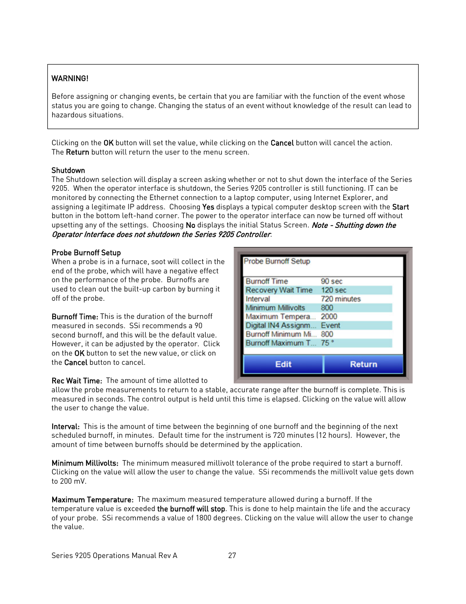 Shutdown, Probe burnoff setup | Super Systems 9205 Series User Manual | Page 28 / 235