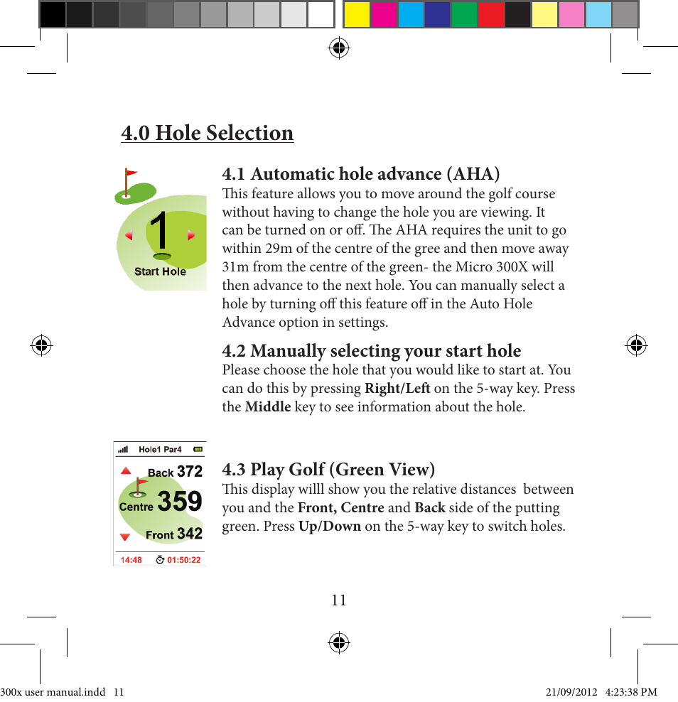 0 hole selection, 2 manually selecting your start hole, 3 play golf (green view) | 1 automatic hole advance (aha) | Sureshotgps MICRO 300X User Manual | Page 11 / 27