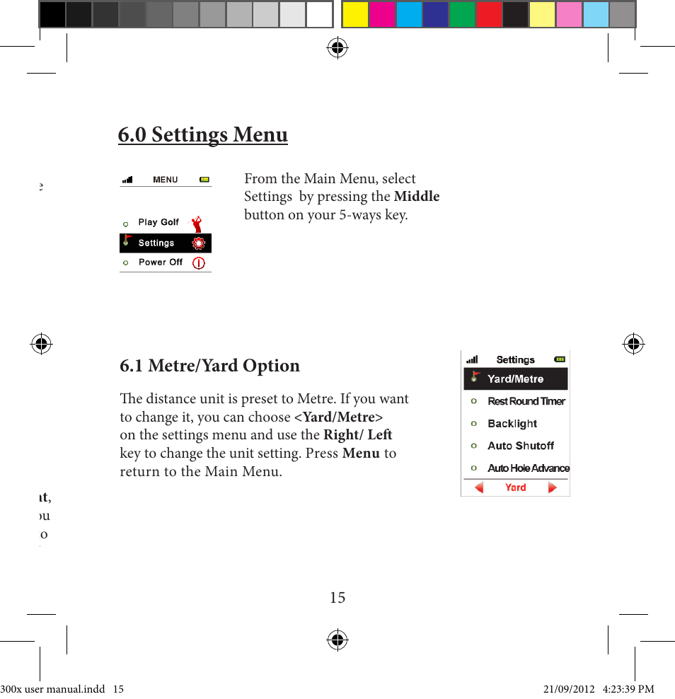 0 settings menu, 4 edit course, 1 metre/yard option | Sureshotgps MICRO 300X User Manual | Page 15 / 27