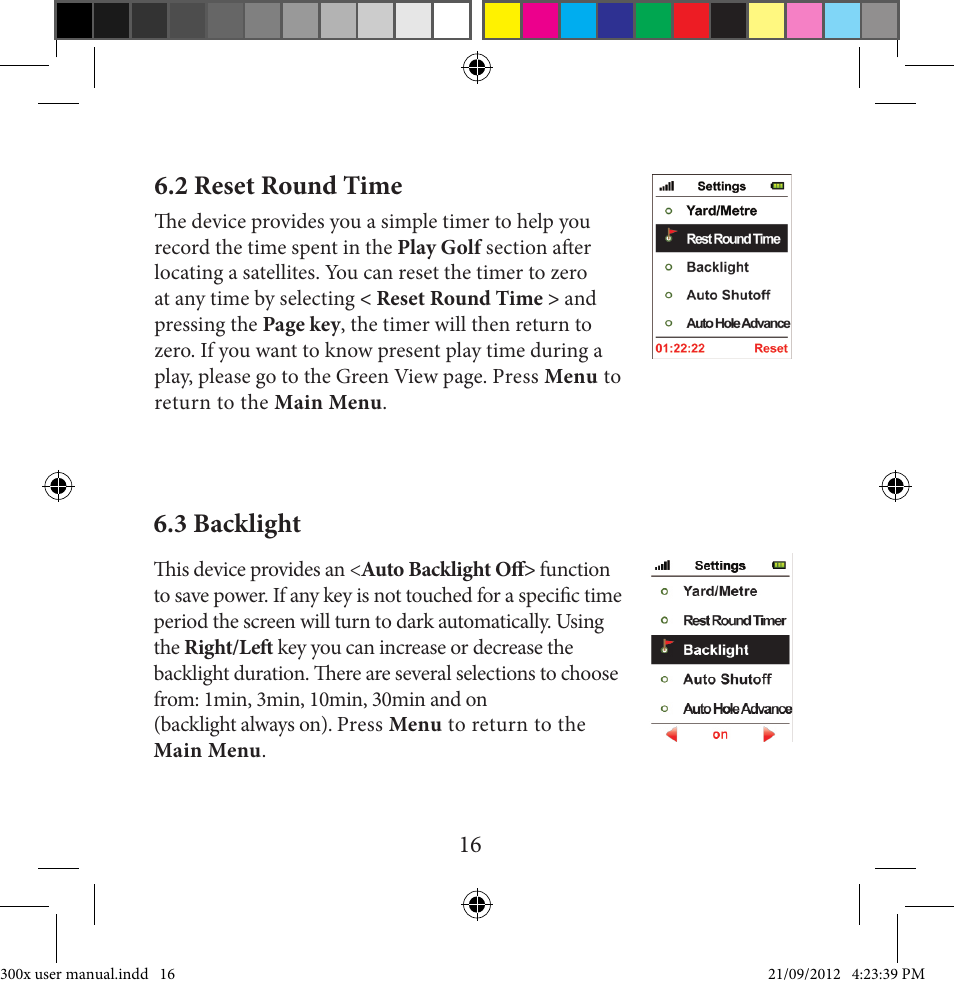 2 reset round time, 3 backlight | Sureshotgps MICRO 300X User Manual | Page 16 / 27