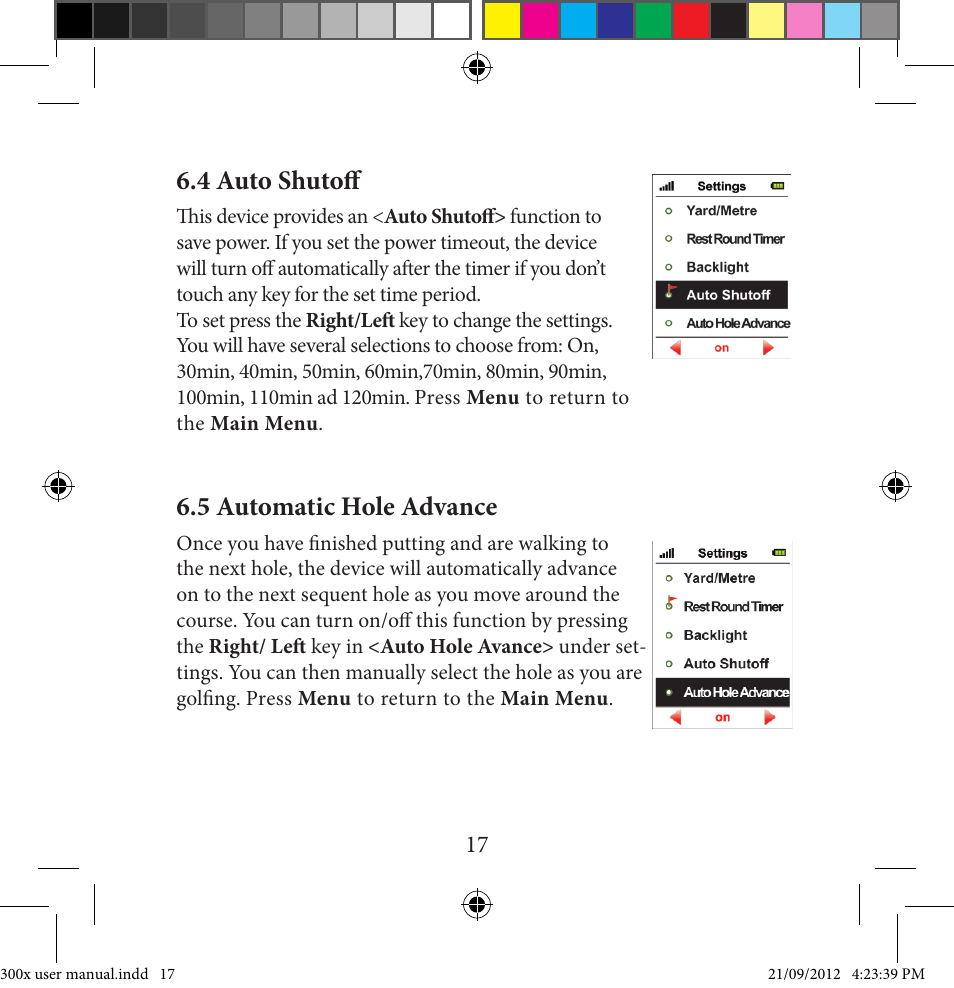 4 auto shutoff, 5 automatic hole advance | Sureshotgps MICRO 300X User Manual | Page 17 / 27