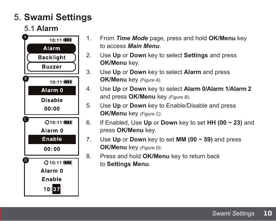 Swami settings, 1 alarm | Swami NEW WATCH GOLF GPS User Manual | Page 11 / 20