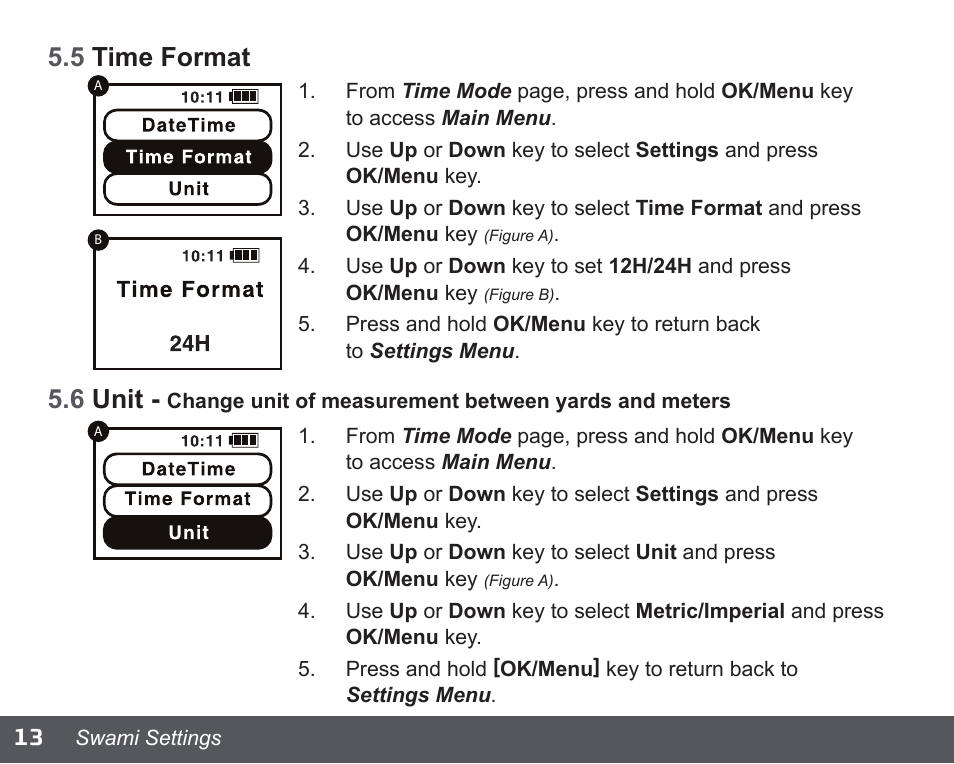 13 5.5 time format, 6 unit | Swami NEW WATCH GOLF GPS User Manual | Page 14 / 20