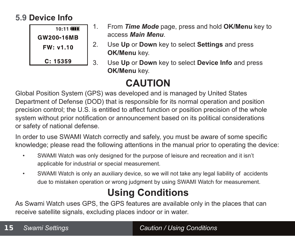 Caution, Using conditions, 9 device info | Swami NEW WATCH GOLF GPS User Manual | Page 16 / 20