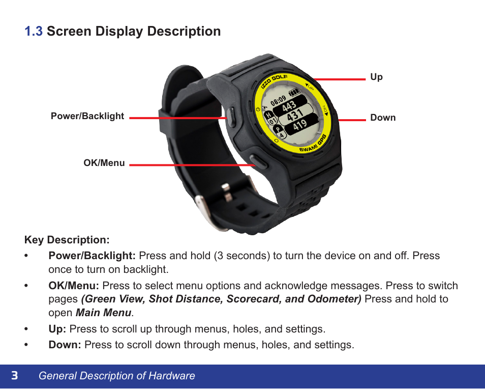 3 screen display description | Swami NEW WATCH GOLF GPS User Manual | Page 4 / 20