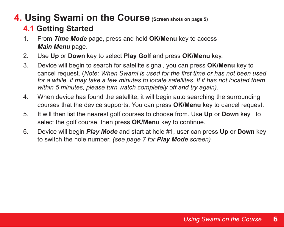 Using swami on the course, 1 getting started | Swami NEW WATCH GOLF GPS User Manual | Page 7 / 20