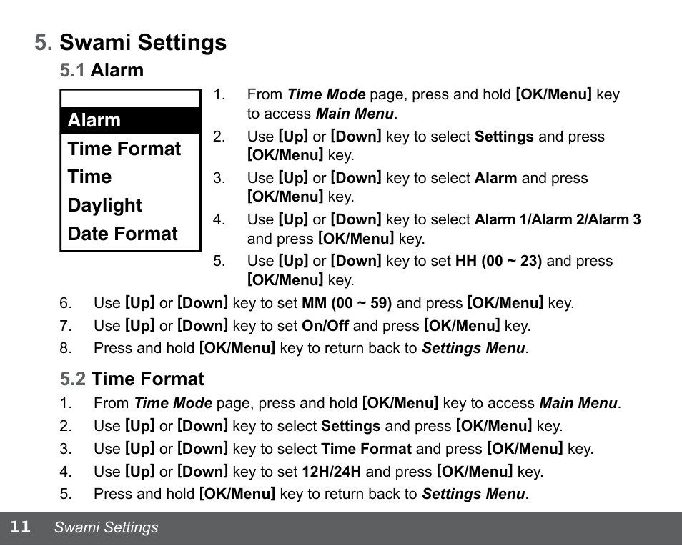 Swami settings, 1 alarm, 2 time format | Alarm time format time daylight date format | Swami WATCH GOLF GPS User Manual | Page 14 / 20