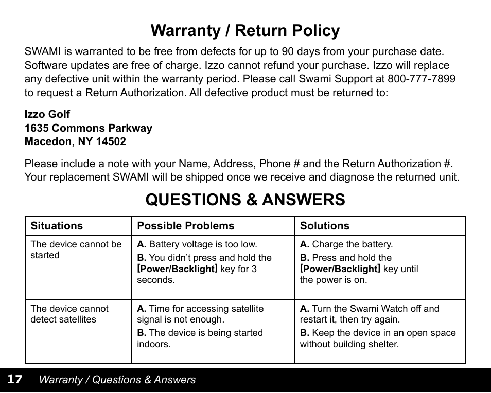 Questions & answers, Warranty / return policy | Swami WATCH GOLF GPS User Manual | Page 20 / 20