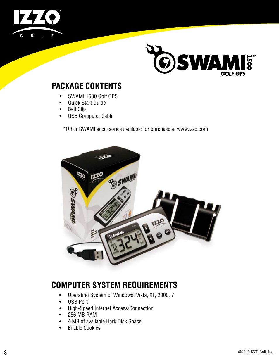 Package contents, Computer system requirements | Swami 1500 GPS User Manual | Page 3 / 12