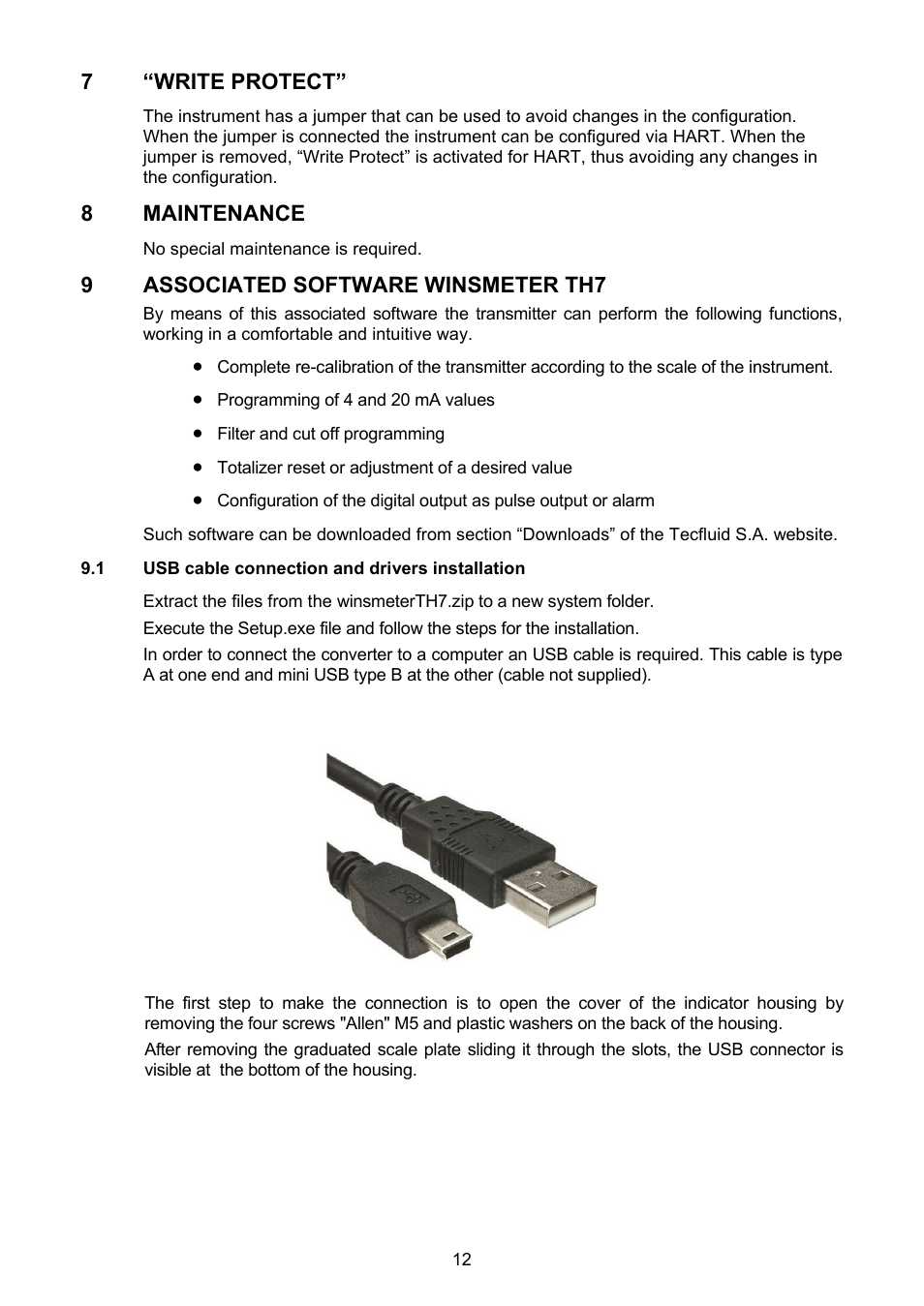 "write protect, Maintenance, Associated software winsmeter th7 | 1 usb cable connection and drivers installation | Tecfluid TH7 User Manual | Page 12 / 20