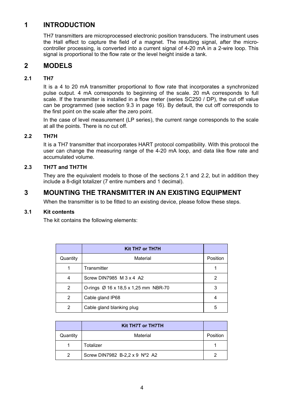 Introduction, Models, 1 th7 | 2 th7h, 3 th7t and th7th, Mounting the transmitter in an existing equipment, 1 kit contents, 1 introduction, 2 models, 3mounting the transmitter in an existing equipment | Tecfluid TH7 User Manual | Page 4 / 20