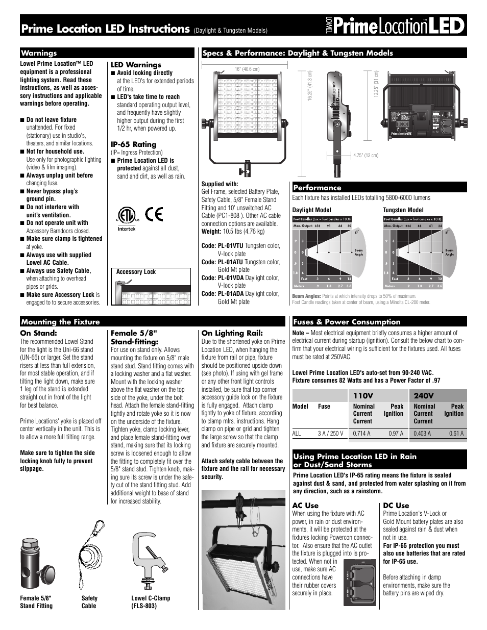 Tiffen Lowel Prime Location LED (Daylight & Tungsten Models) User Manual | 2 pages