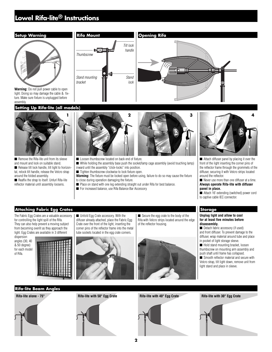 Lowel rifa-lite, Instructions | Tiffen Lowel Rifa-lite User Manual | Page 2 / 4