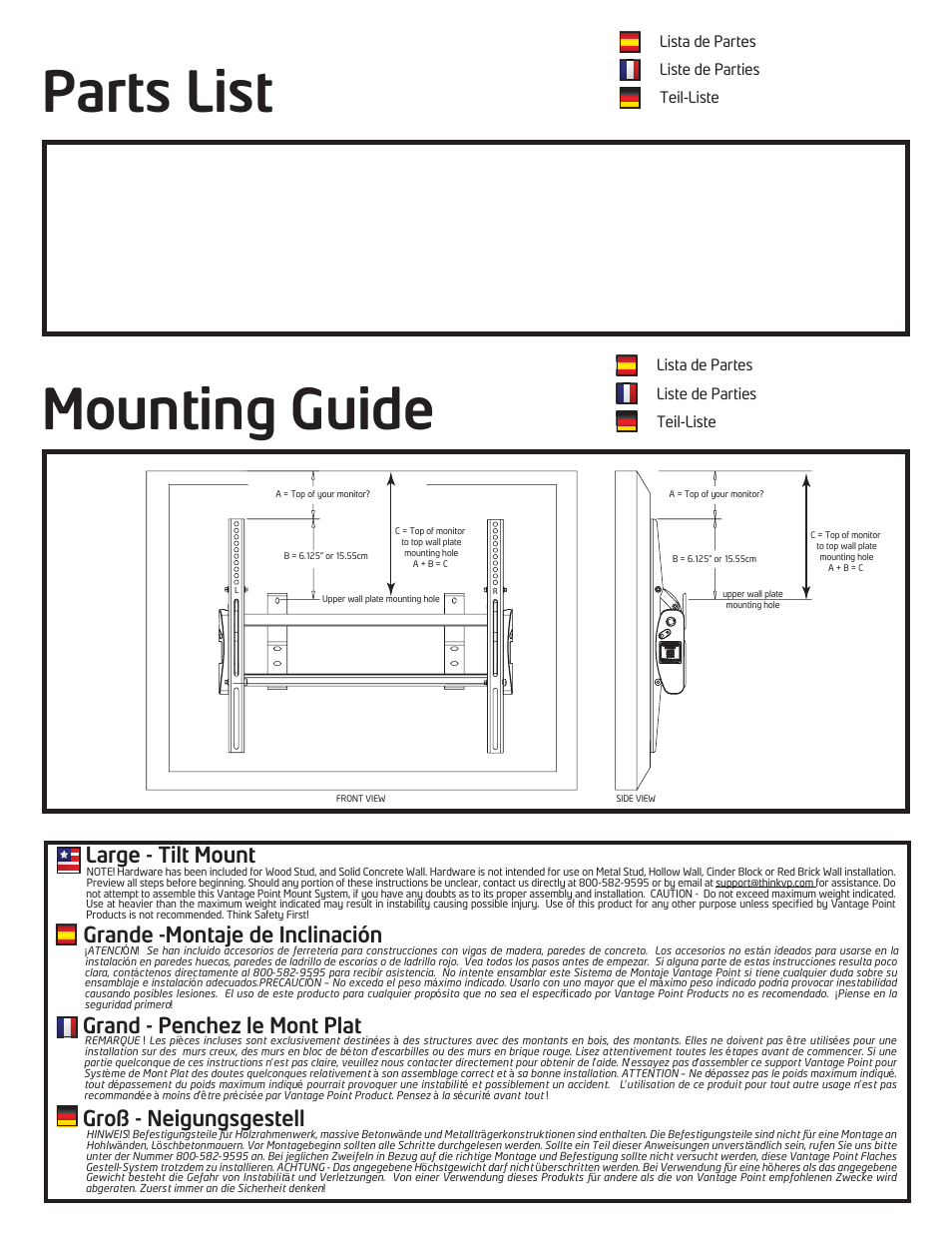 Parts list, Mounting guide | Vantage Point VTL User Manual | Page 3 / 12