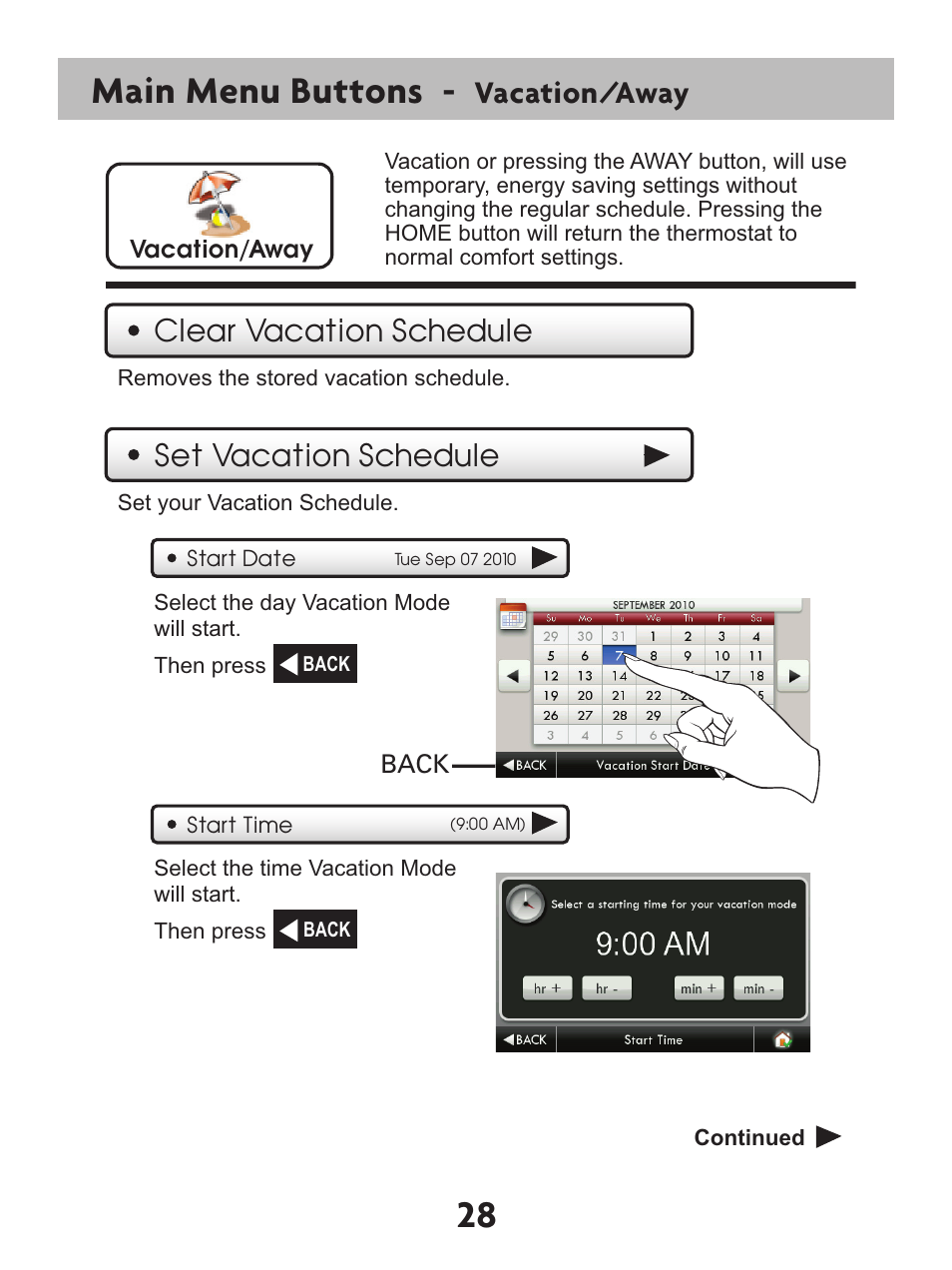 28 main menu buttons, Vacation/away, Clear vacation schedule set vacation schedule | Venstar T7900 User Manual | Page 36 / 95