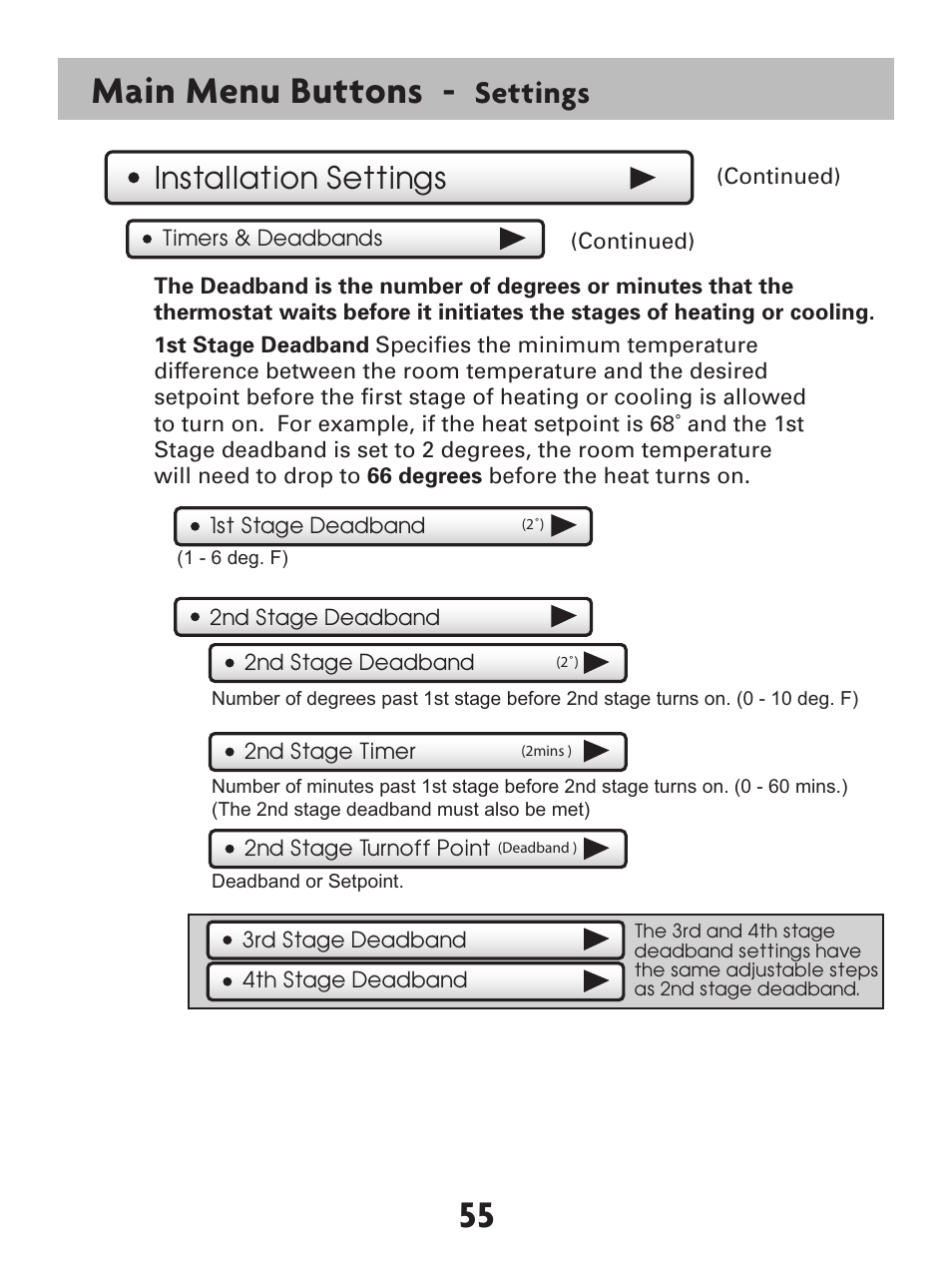 55 main menu buttons, Settings, Installation settings | Venstar T7900 User Manual | Page 63 / 95